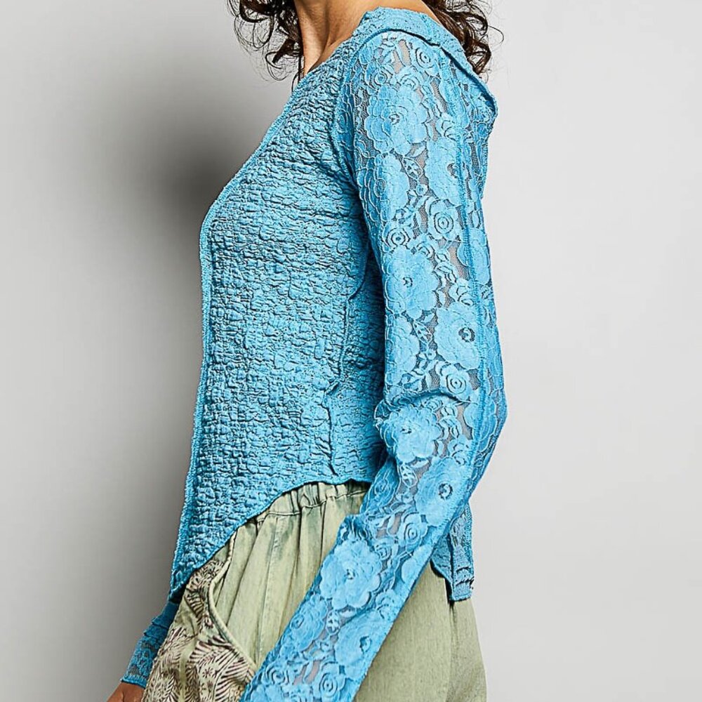 NWT POL Round Neck Long Sleeve Exposed Seam Top with Lace Detail - Picture 3 of 4